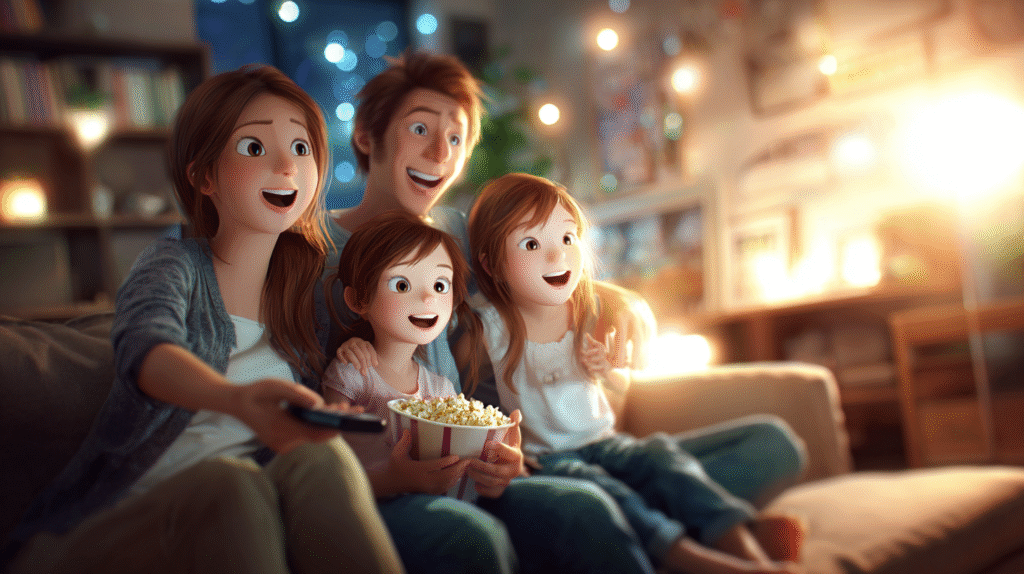 Una familia viendo televisión cómodamente en el sofá, con luz ambiente cálida