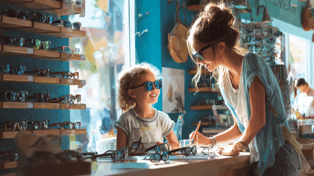 Una niña en una óptica probándose gafas con ayuda de un óptico